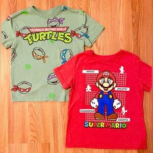 🐢🎮LOT OF 2 SHORT SLEEVE TEES NINJA TURTLES / SUPER MARIO BROS SIZE 4/5 BOY